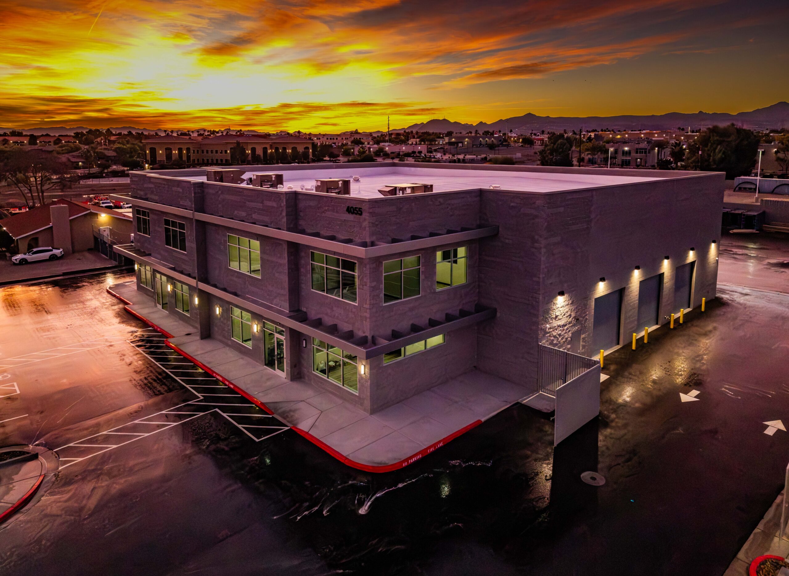 Dirtco warehouse and office space at sunset